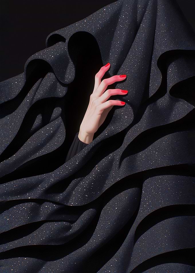 Hand Emerging from Dark Fabric
