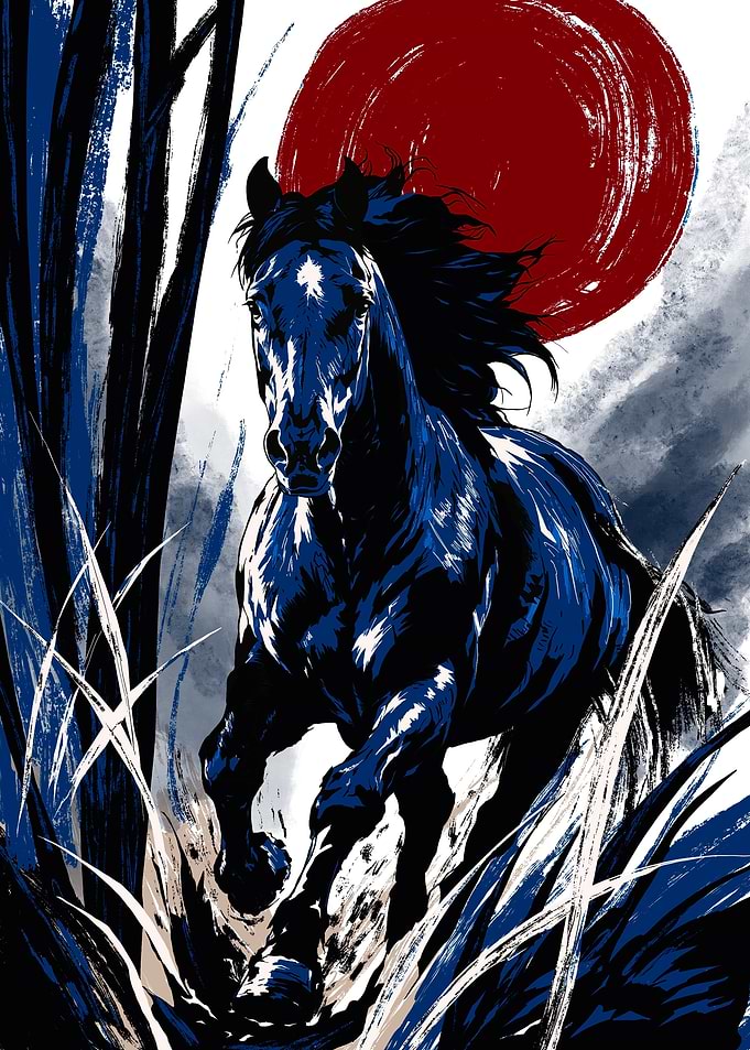 Dynamic Blue Horse Under Red Sun