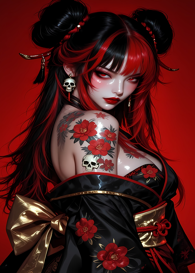 Gothic Anime Girl with Floral Tattoos