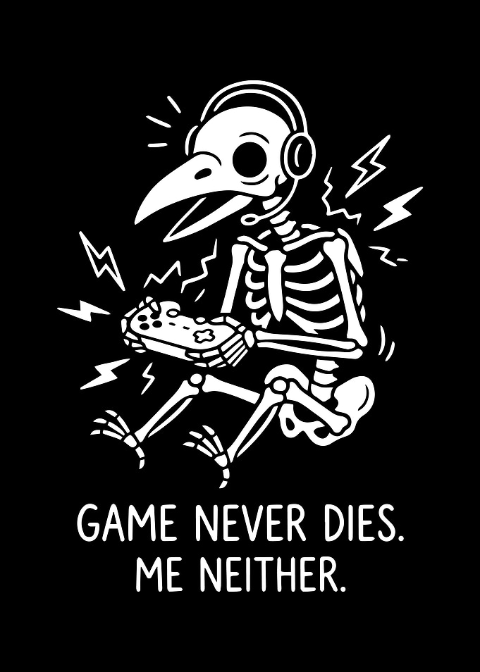 Funny Skeleton Gamer Wall Art - 'Game Never Dies Me Neither' Video Game Room Decor