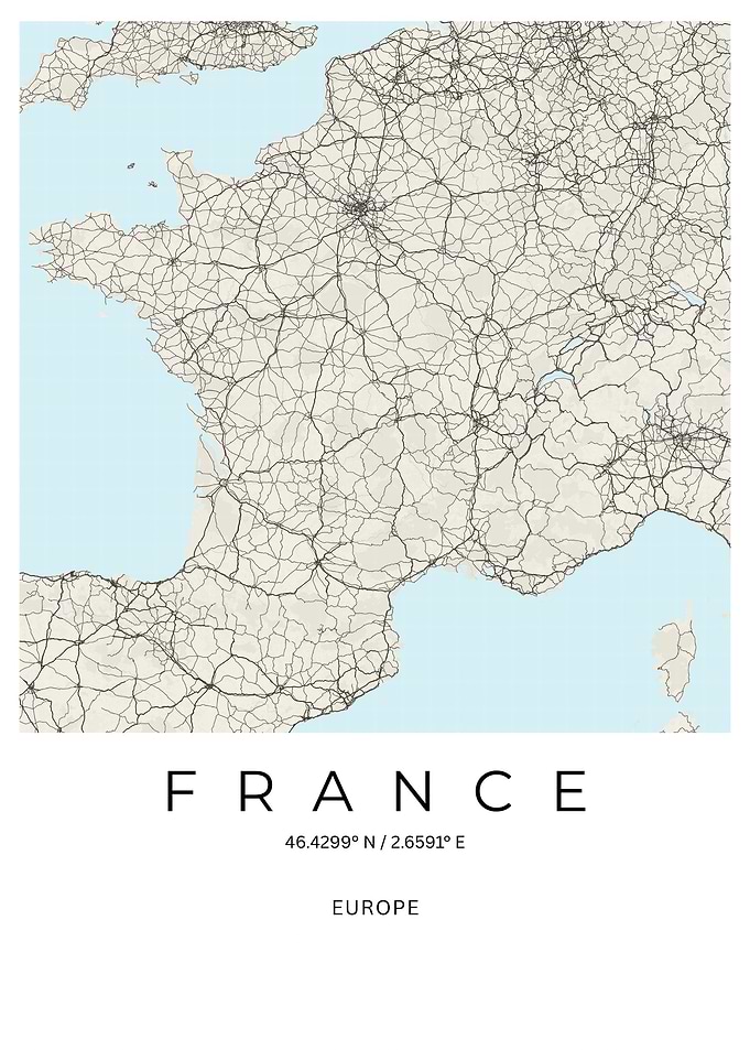 Minimalist France Road Map Street Poster