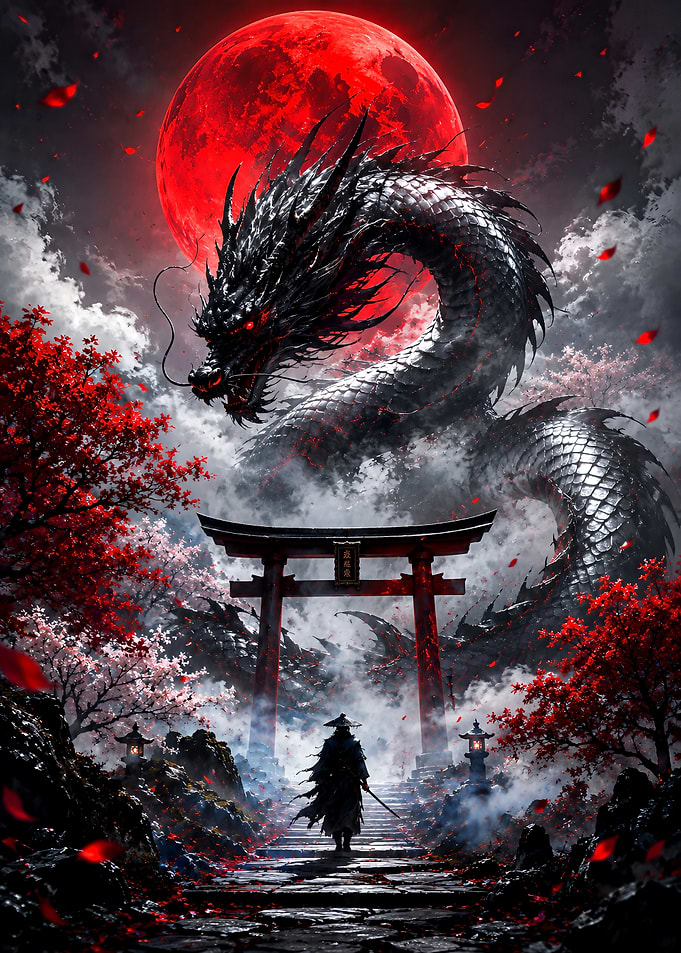 Samurai Facing a Giant Dragon