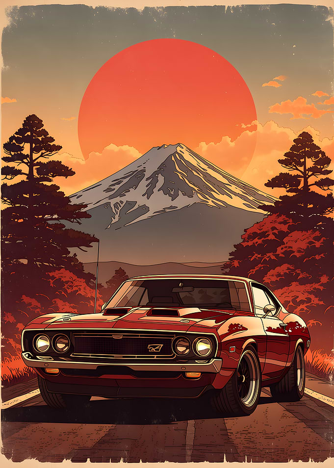 Classic Muscle Car Before Mount Fuji