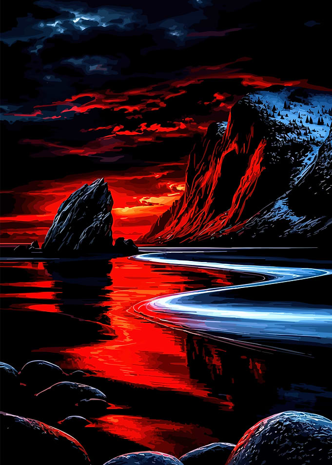 Dramatic Red Sunset Over Coastal Mountains