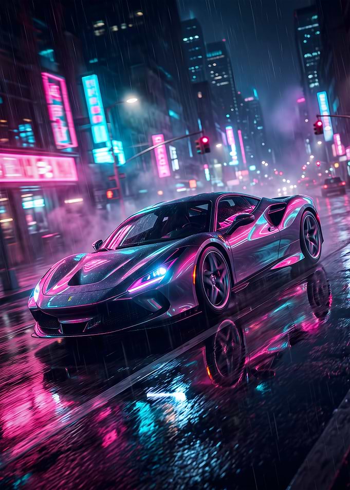 Ferrari in Neon Rain City