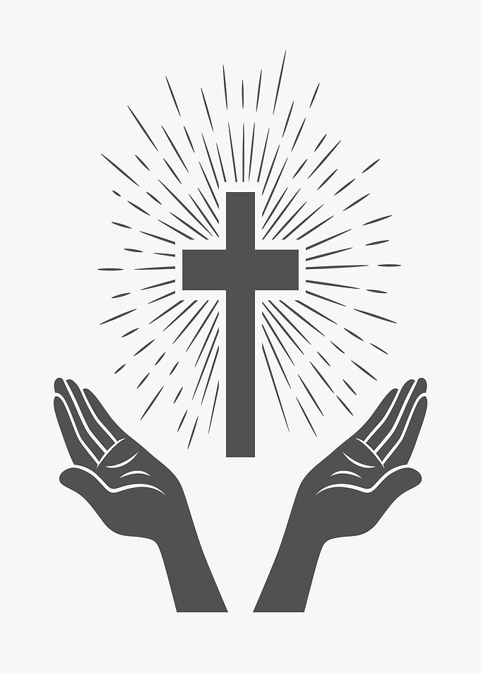 Hands Reaching Toward Radiant Cross