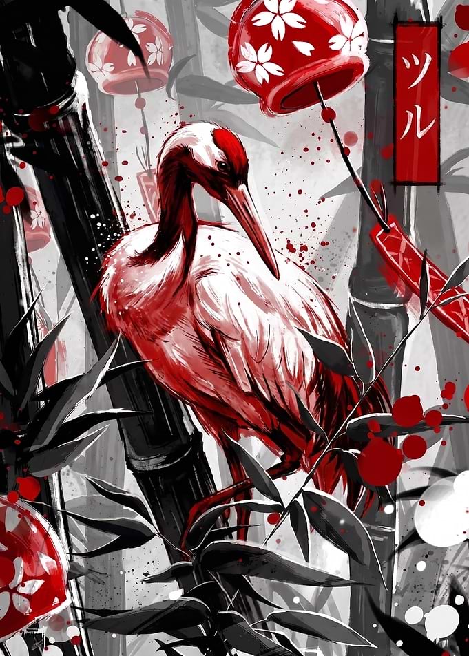 Red Crane in Bamboo Forest