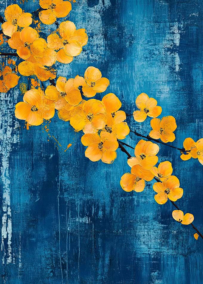Yellow Flowers on Textured Blue Background