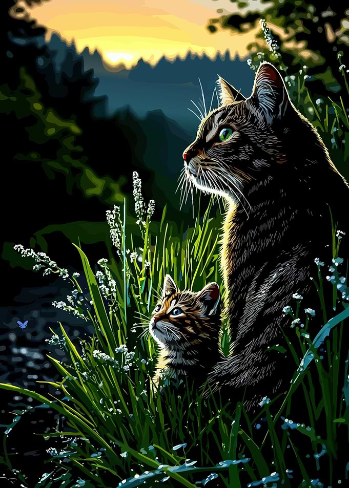 Mother Cat and Kitten in Grass