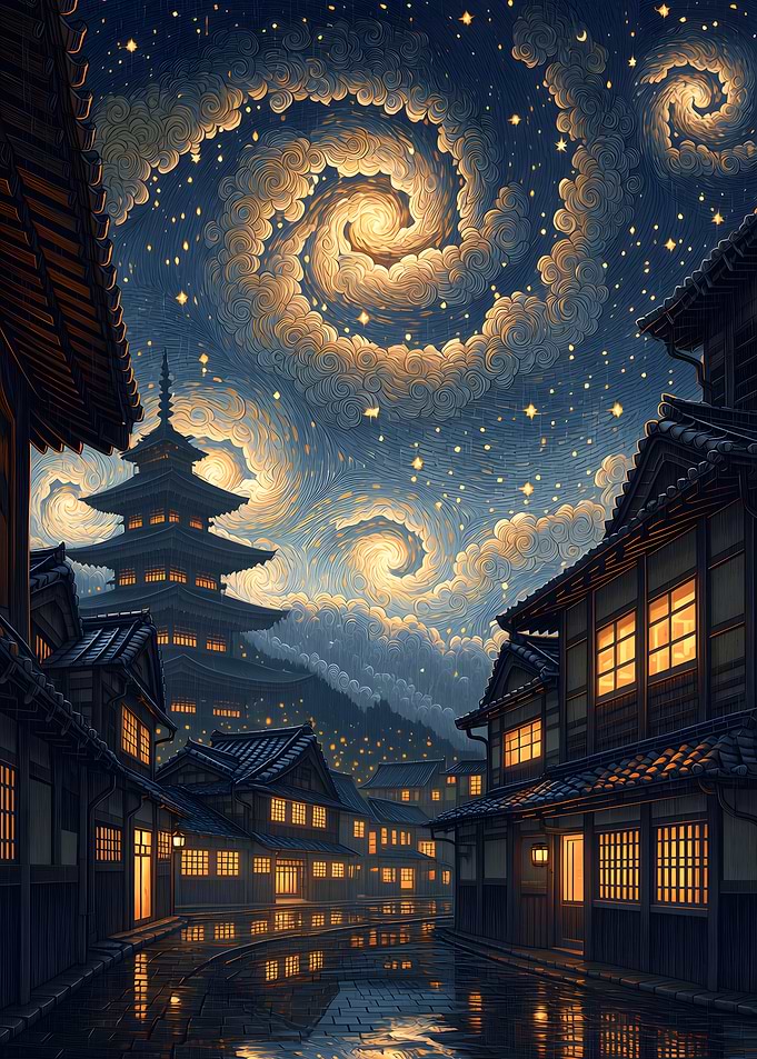 Van Gogh Style Japanese Temple Night