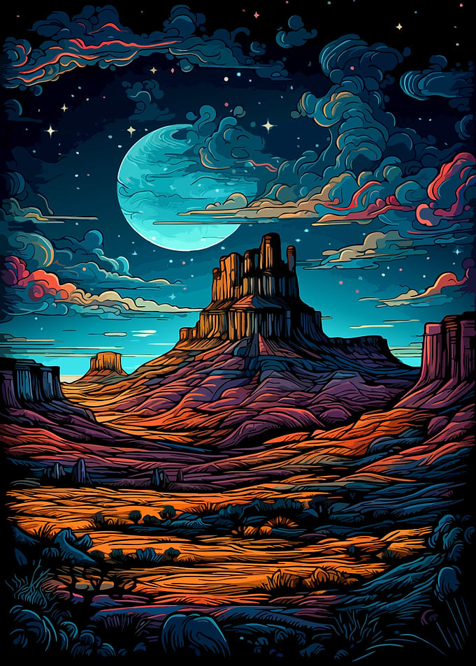 Vibrant Desert Landscape Under Moonlit Sky