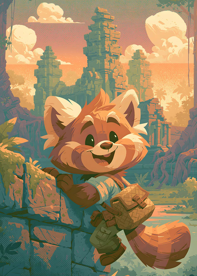 Cute Red Panda Explorer in Ruins