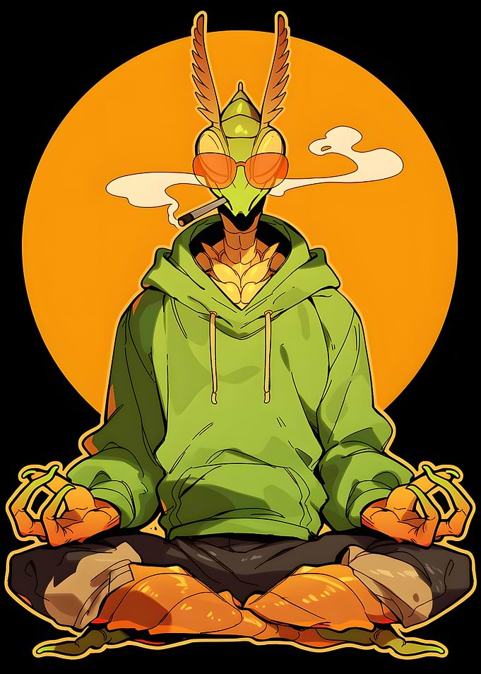Meditating Mantis in Green Hoodie