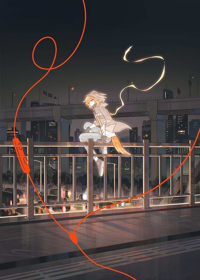 Anime character sitting on city bridge