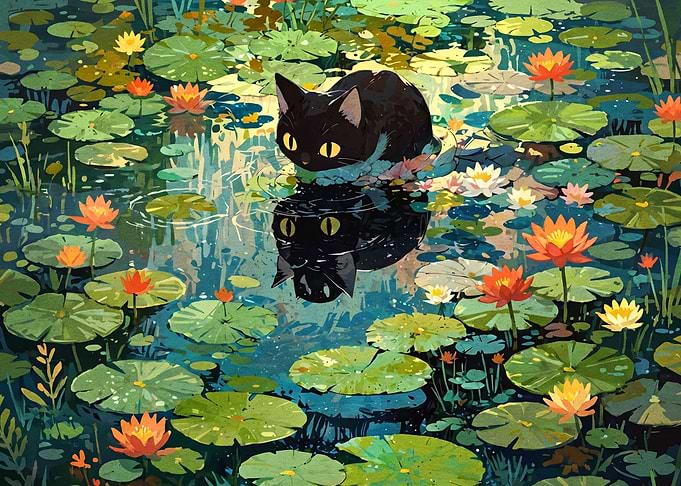 Black Cat in Water Lily Pond