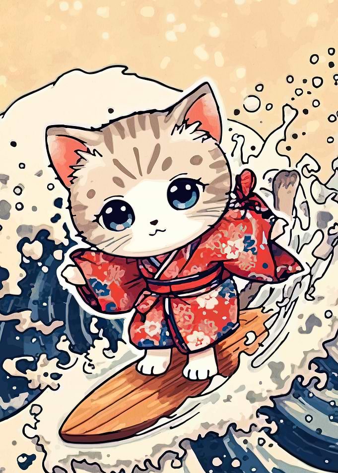 Cute Cat Surfing Great Wave
