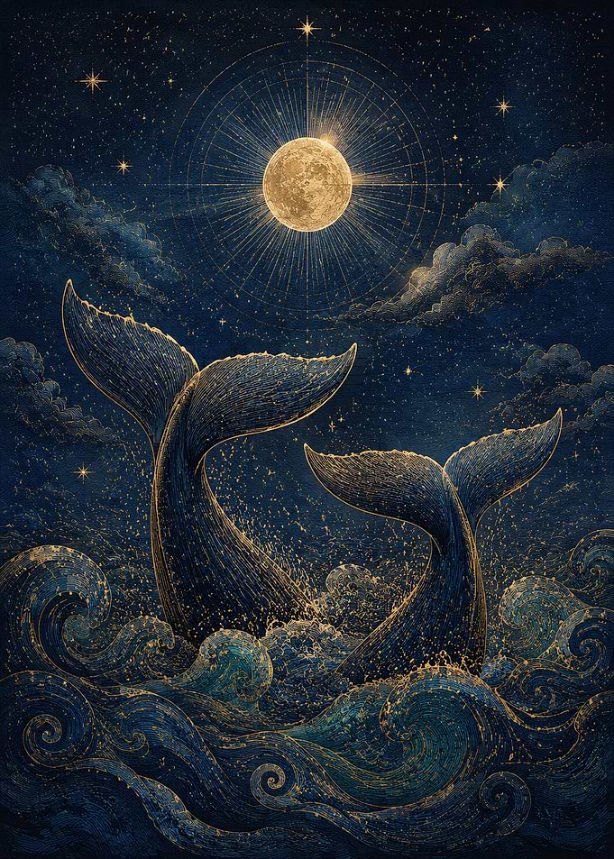 Whale Tails Under Golden Moon