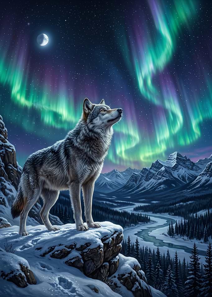 Wolf Under Northern Lights
