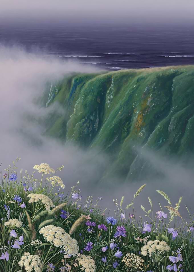 Misty Sea Cliff Edge Wildflowers