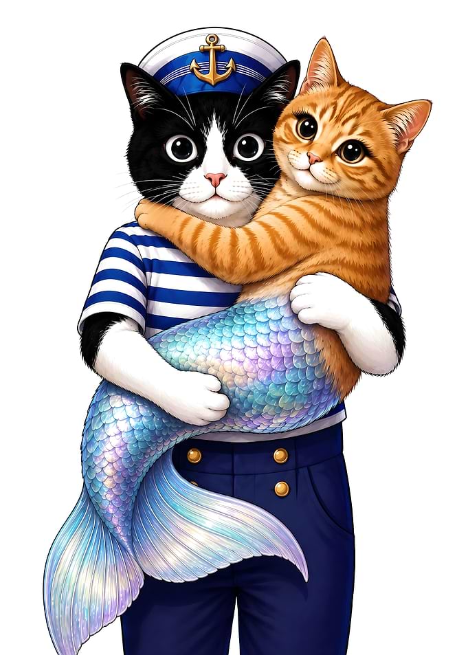 Sailor Cat Holding Mermaid Cat