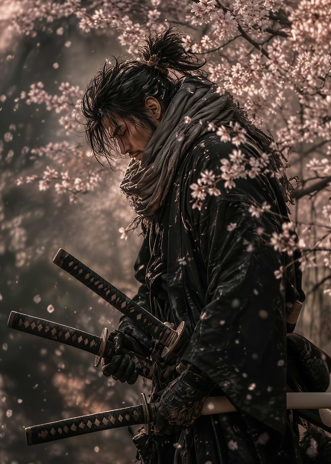 Samurai Warrior Amidst Cherry Blossoms