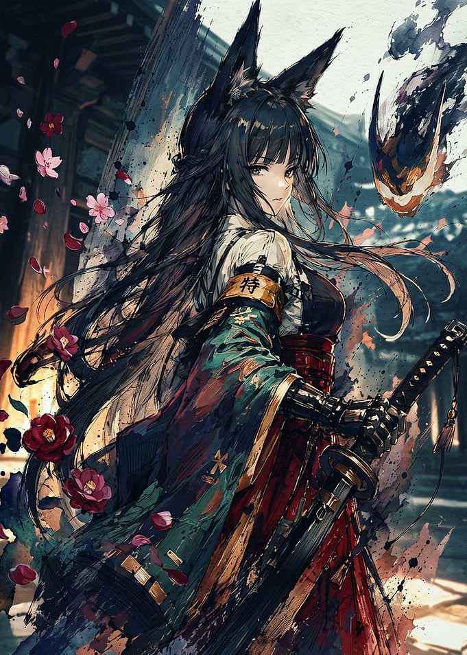 Fox-Eared Samurai Warrior in Traditional Attire