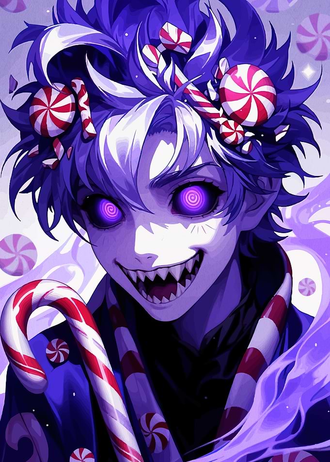Candy-Themed Anime Character with Sharp Teeth
