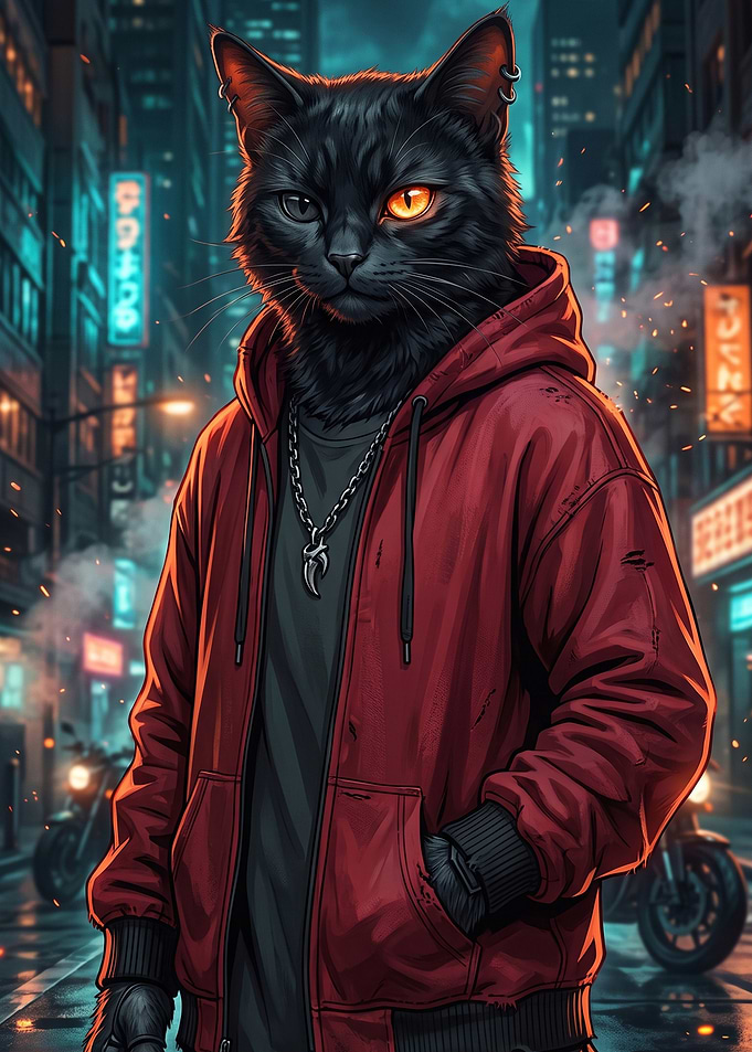 Cyberpunk Black Cat in Red Hoodie