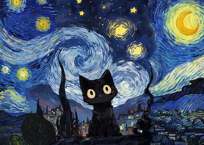 Black Cat in Starry Night