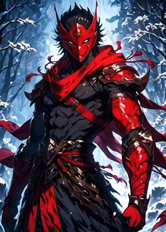 Red Masked Warrior in Snowy Forest