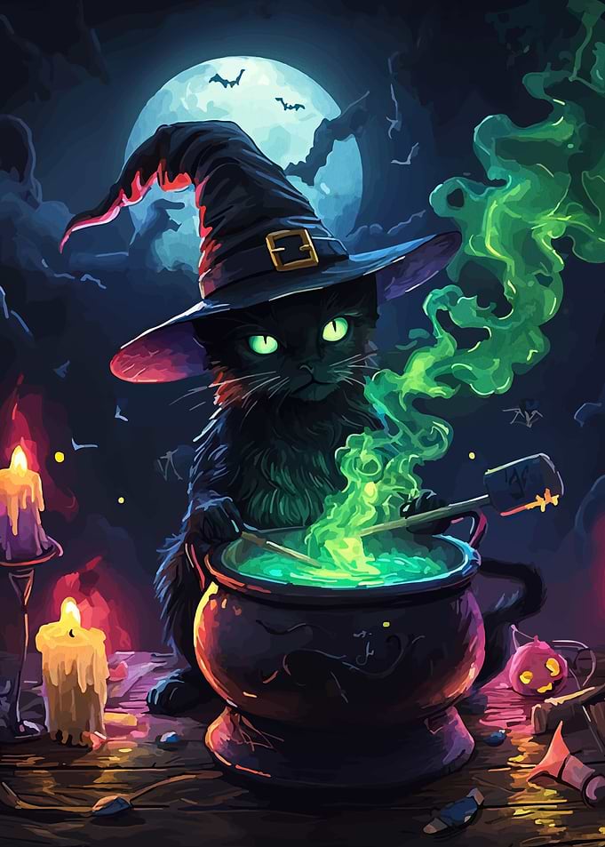 Black Cat Witch Brewing Potion