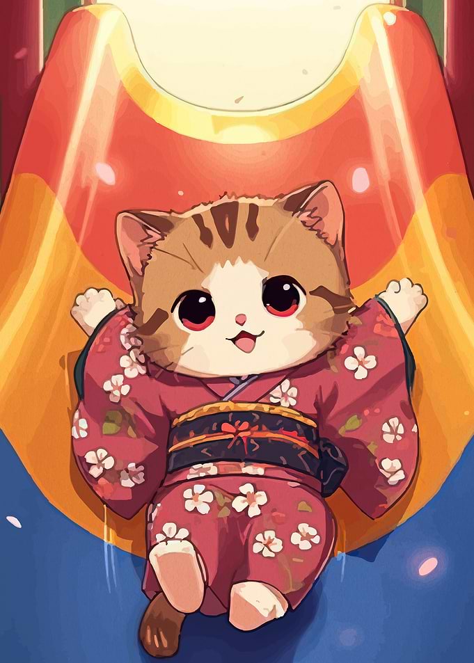 Cute Kitten in Kimono Sliding