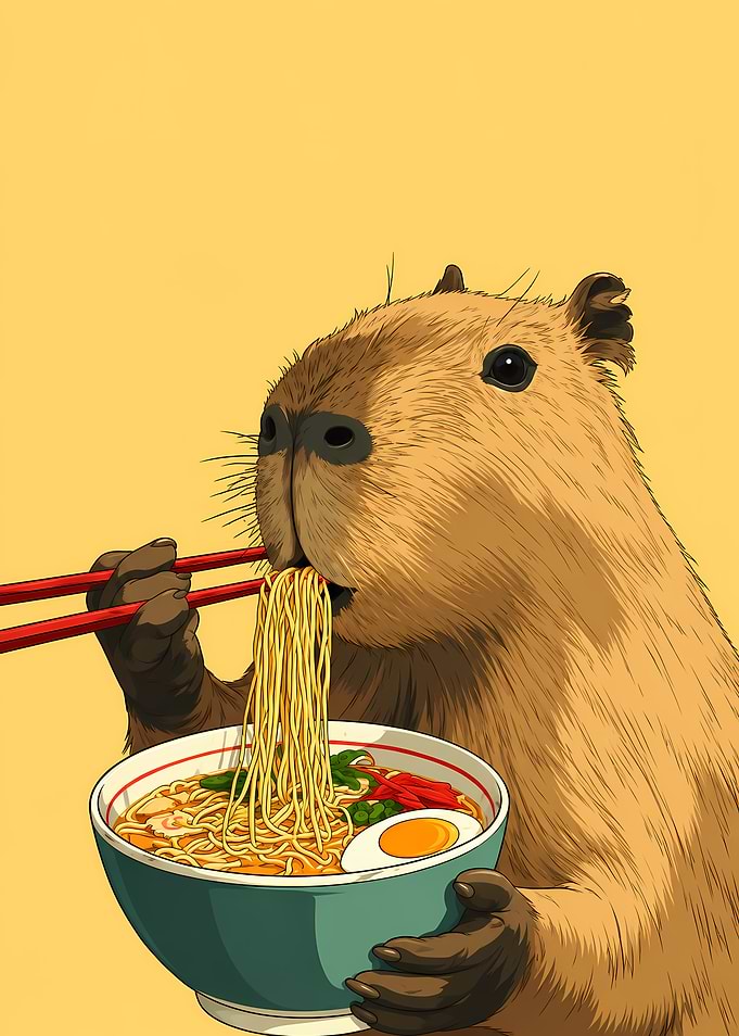 Capybara Eating Ramen Noodles