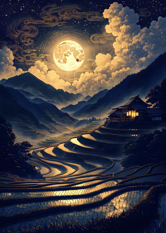 Moonlit Japanese Rice Terraces