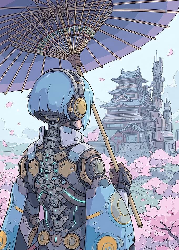 Cybernetic Girl with Umbrella and Castle