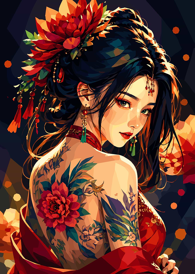 Tattooed Woman with Floral Hairpiece