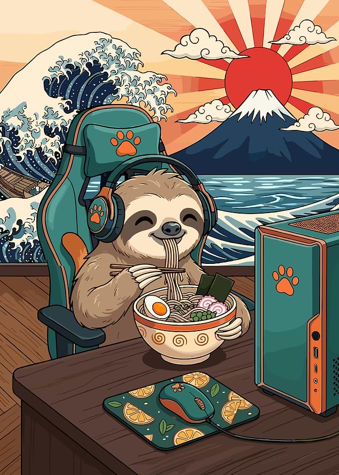 Gaming Sloth Eating Ramen Illustration