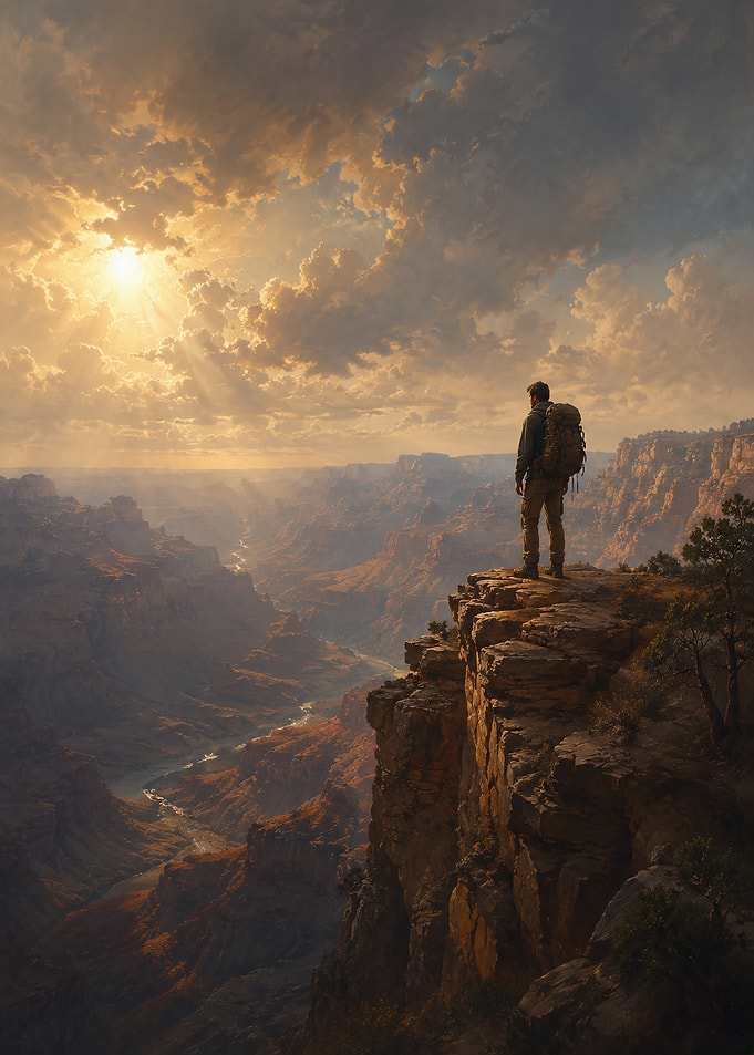 Hiker Overlooking Grand Canyon at Sunset