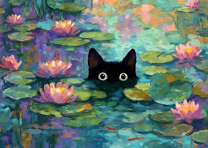 Black Cat in Water Lily Pond