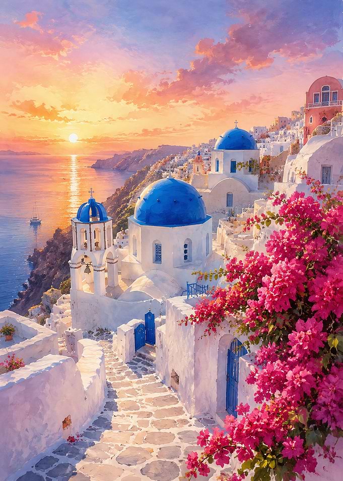 Santorini Sunset with Blue Domes