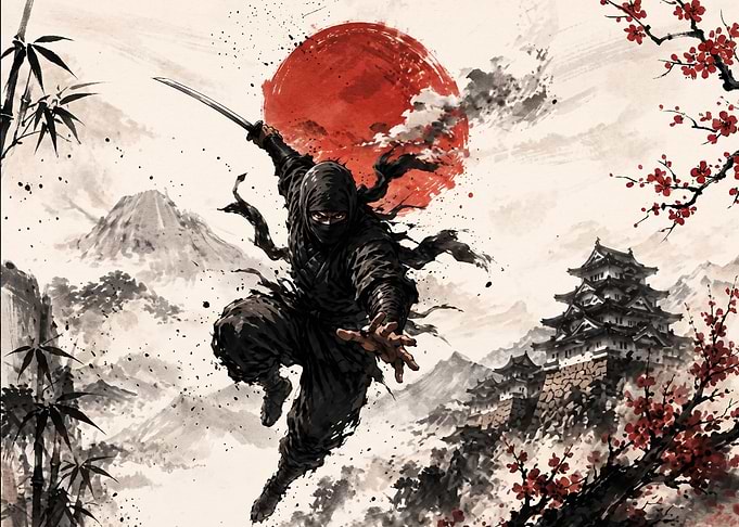 Dynamic Ninja Leaping Before Red Sun