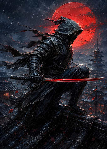 Ninja on Rooftop Under Red Moon