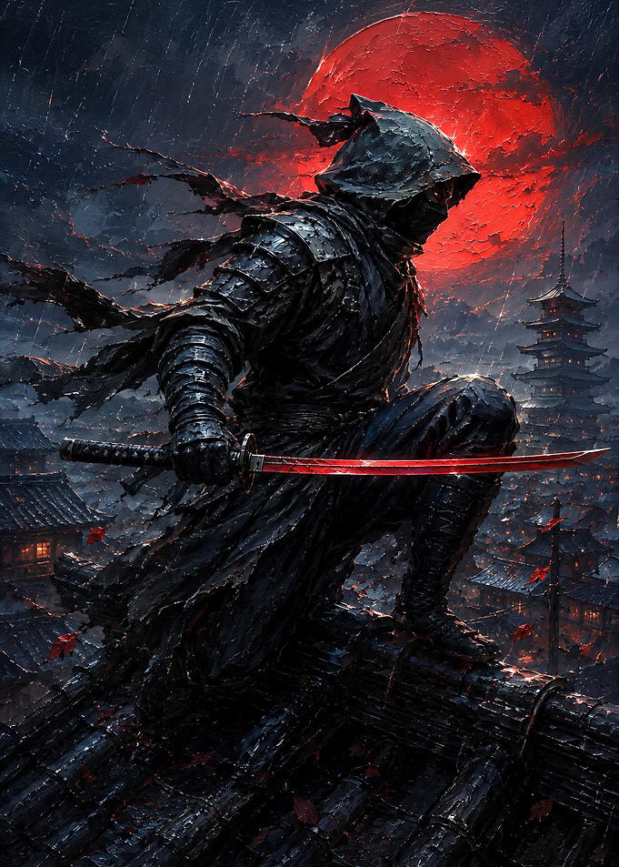 Ninja on Rooftop Under Red Moon