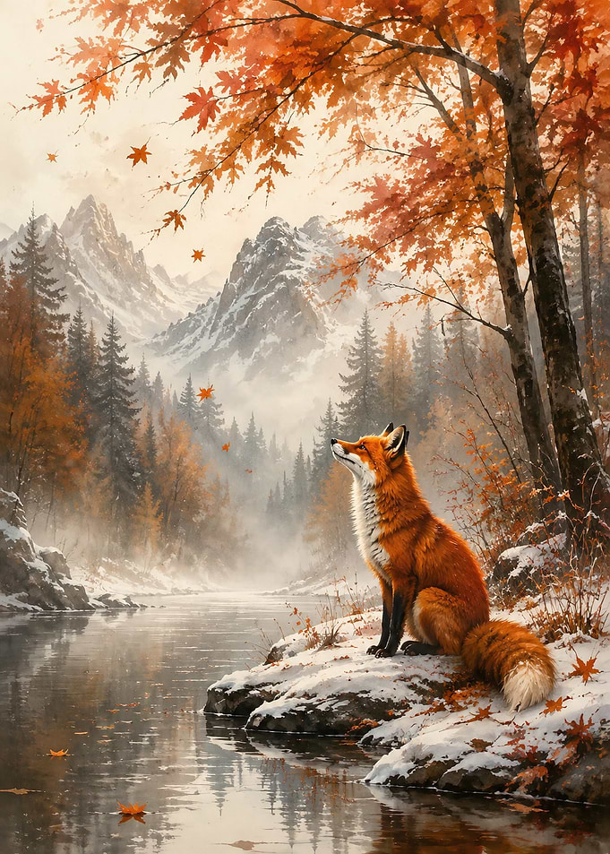 Fox in Snowy Autumn Forest
