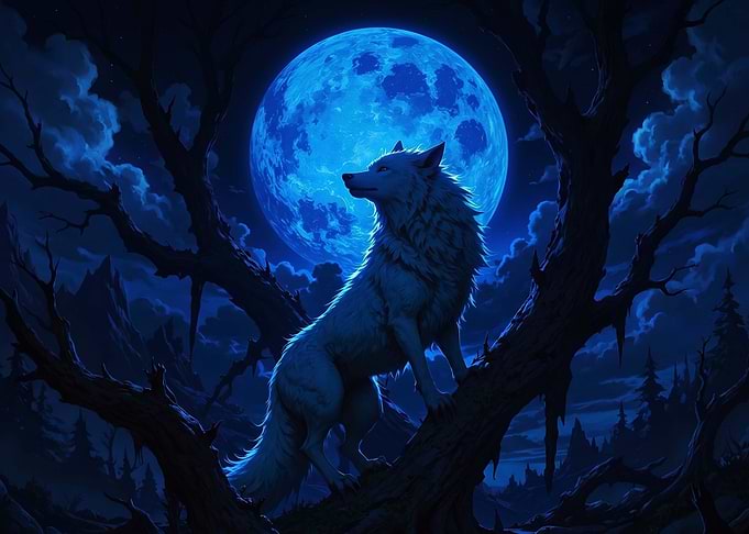 White Wolf Under Blue Moon
