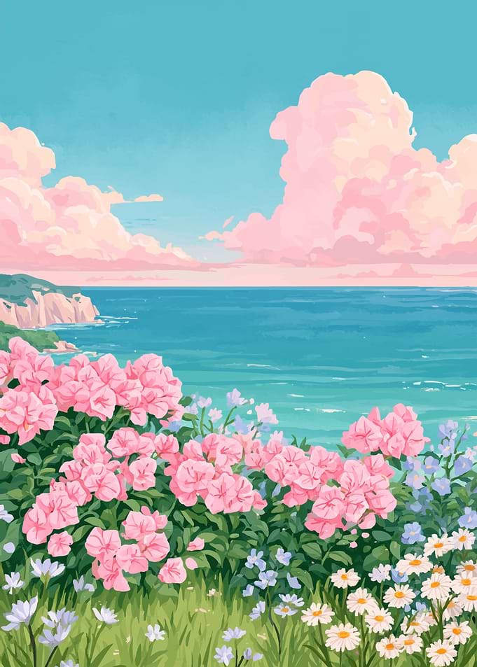 Pink Flowers Overlooking Coastal Sea