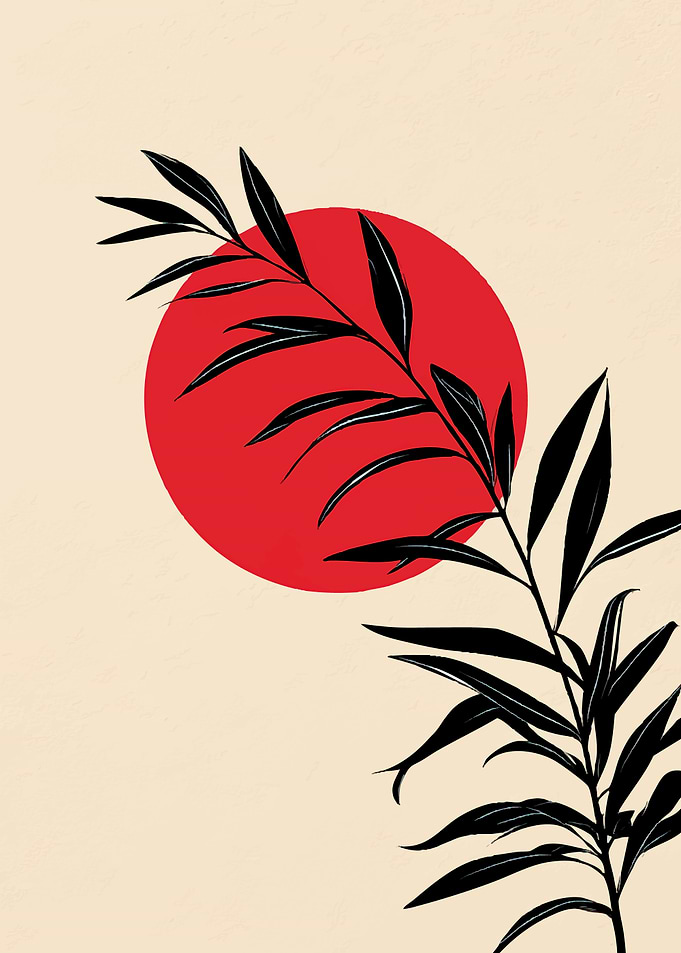 Minimalist Black Leaf and Red Sun
