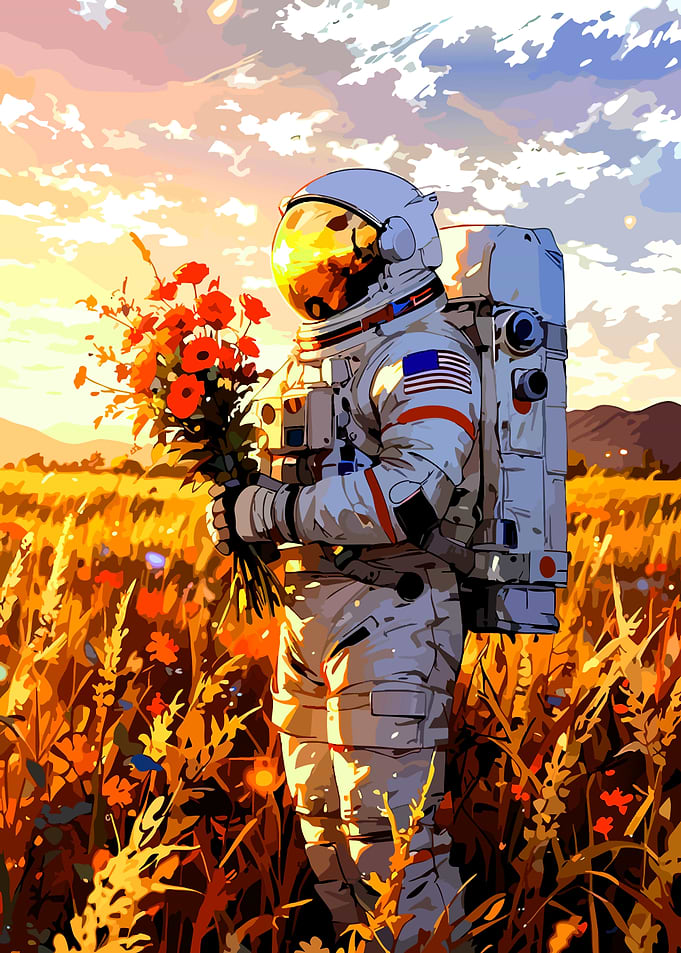 Astronaut Holding Flowers in Golden Field