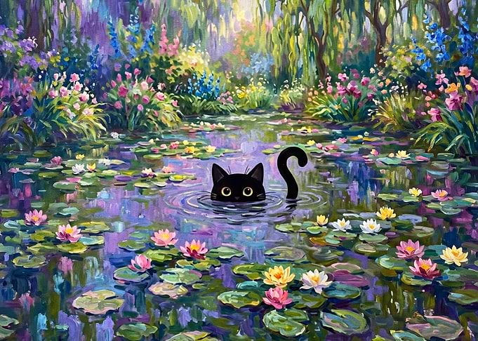 Black Cat in Monet Style Pond