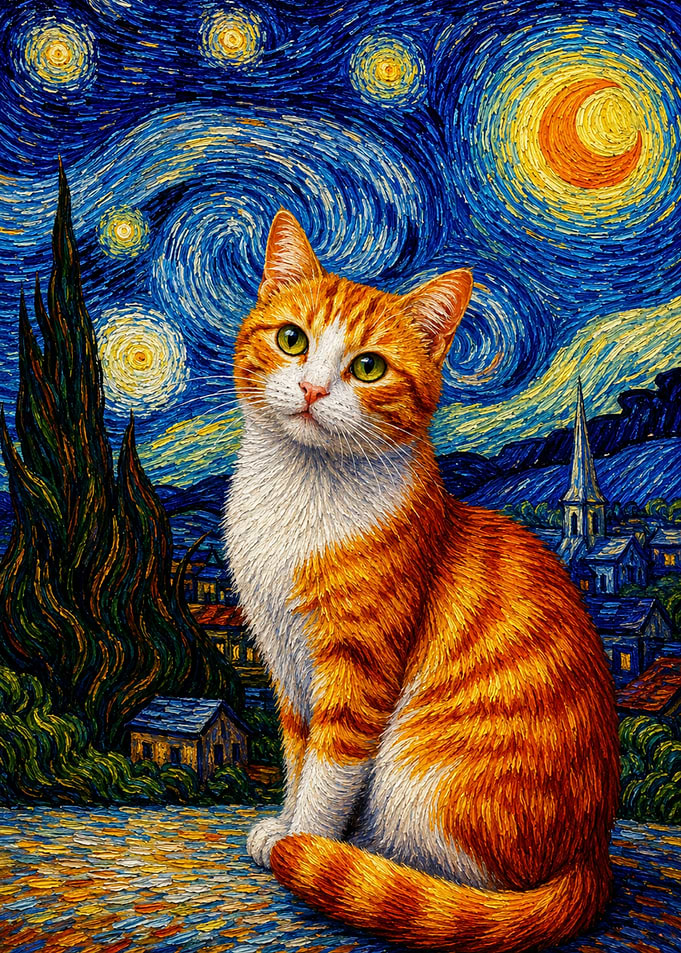 Orange Ginger Cat in Starry Night Style